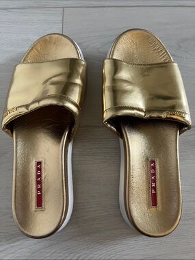 Prada Metallic Gold Slide Sandals with White Sole